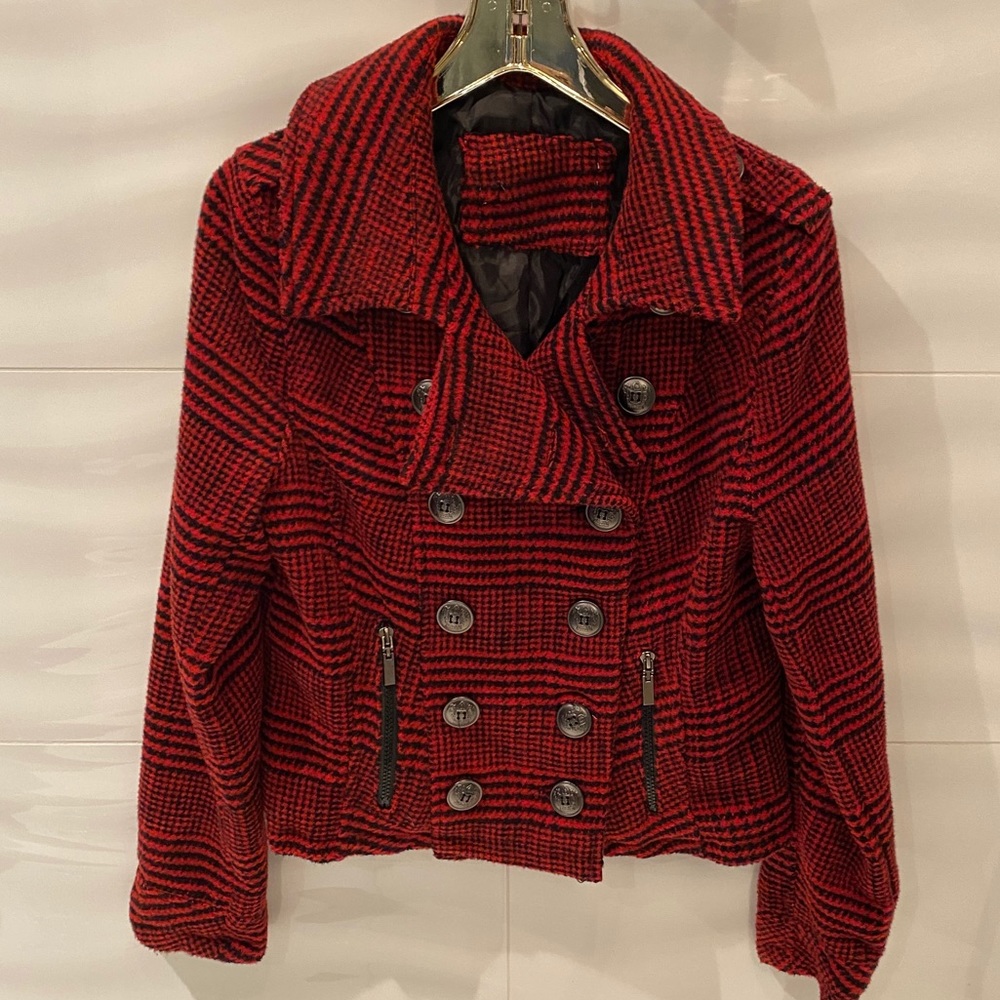 Plaid Crop Red Black Jacket Coat Sz L